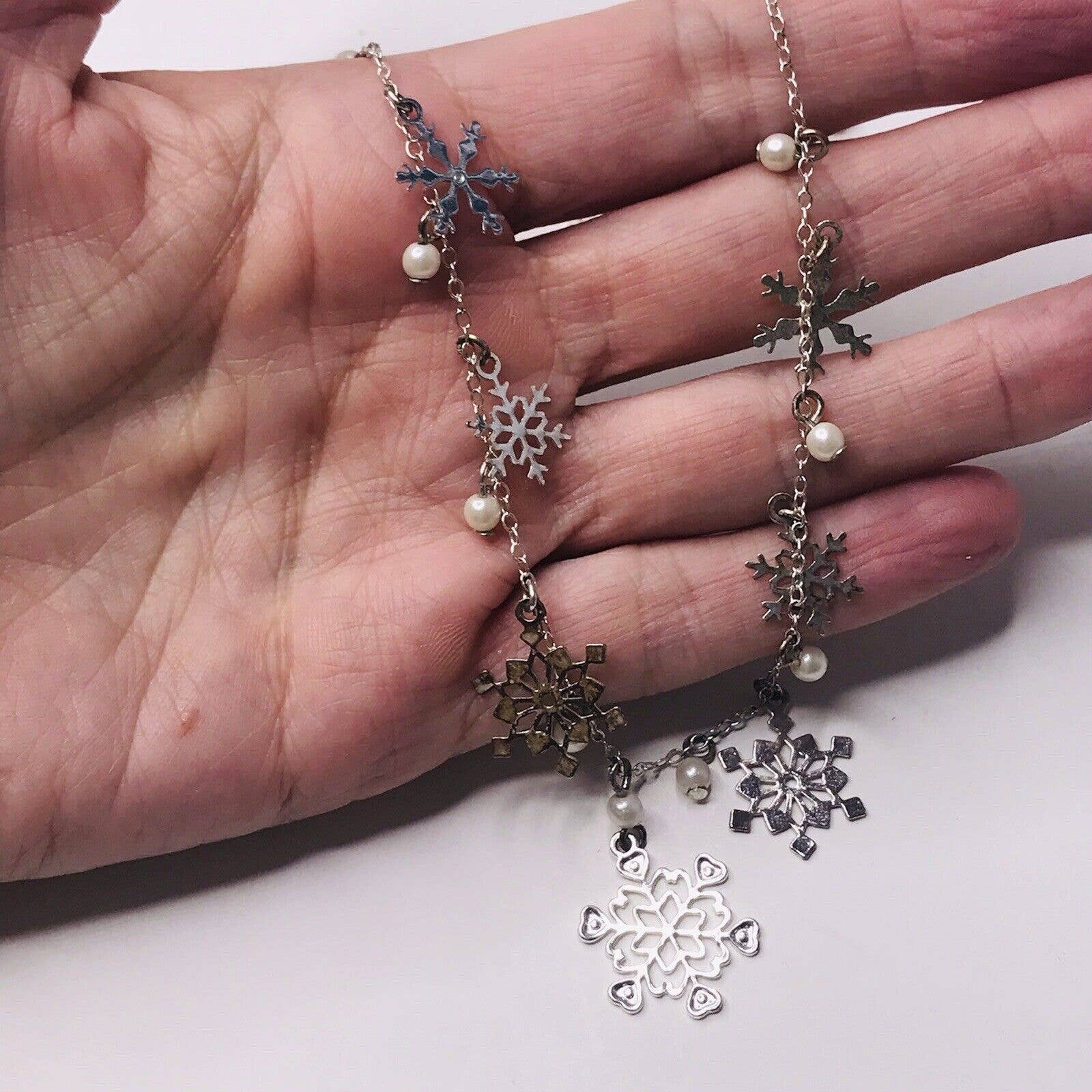 Nrt Snowflake Necklace Silver Tone Faux Pearl Charms Dangle Drop 16